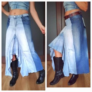 Falda vaquera bicolor, falda maxi de talle alto con diseño patchwork, estilo boho para un look casual chic, estilo streetwear, falda vaquera desgastada. imagen 5
