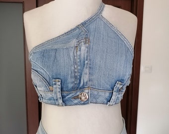 Blue Crop Denim Bustier, Denim Corset from Upcycled Jeans, Stylish Crop Top with Neck Tie, Casual Chic , Unusual Gift for Her,Urban Fashion