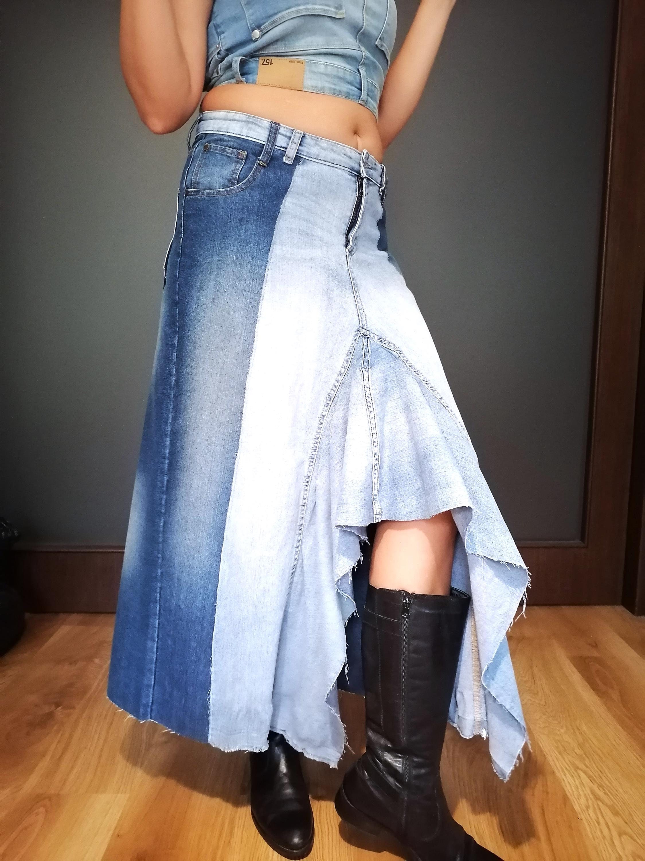 Extravagant High Low Denim Skirt Boho High Waist Skirt Ruffle Skirt Avand Garde Streetwear Skirt Two Tone Upcycled Jeans Skirt