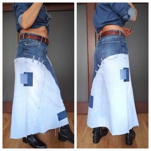 Falda vaquera bicolor, falda maxi de talle alto con diseño patchwork, estilo boho para un look casual chic, estilo streetwear, falda vaquera desgastada. imagen 4