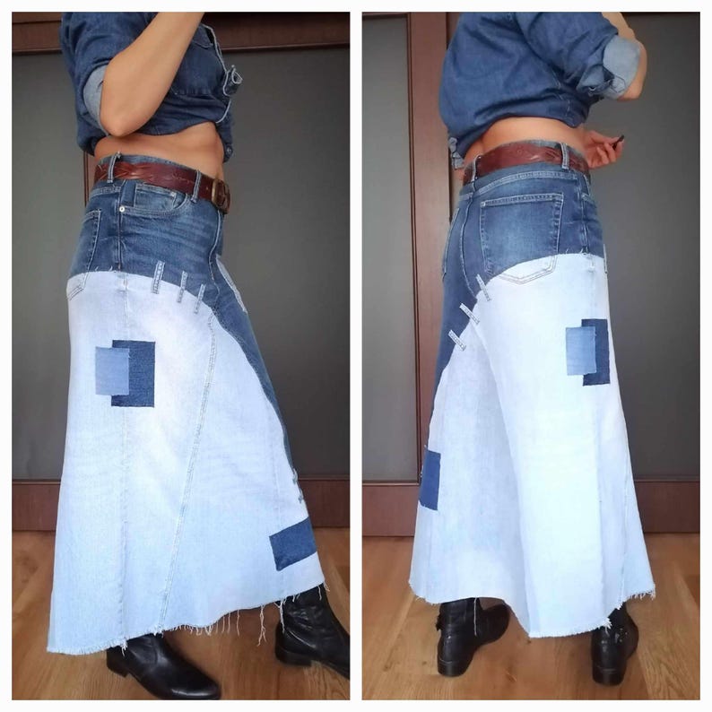 Falda vaquera bicolor, falda maxi de talle alto con diseño patchwork, estilo boho para un look casual chic, estilo streetwear, falda vaquera desgastada. imagen 4
