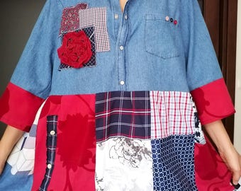 Boho Upcycled Tunic Dress - Patchwork Hippie Duster - Eco-Friendly Farm Chic Romantic Rustic L-3XL
