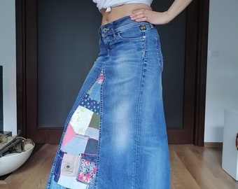 Jeans Skirt ,Hippie Denim, HIght West Trendy Long Denim, Colorfull Patchwork Disign, Gipsy Skirt, Vintage skirt, Upcycled Clothes  ,M-L