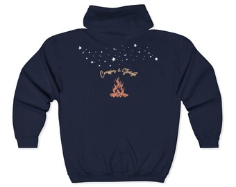 Lagerfeuer & Sternenlicht Zip Up Hoodie - Kuscheliges Fleece Sweatshirt, Camping Hoodie, Lagerfeuer Nachtjacke, Outdoorsy Geschenk, Unisex Abenteuer Hoodie