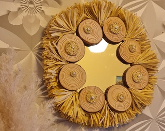 Bohemian handmade raffia, wood and pearl mirror