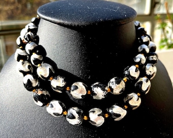 Original old Venetian necklace from Murano. Black, silver foiled. Double row. Lampwork. antique, round beads, very good condition.