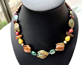 Necklace, baroque pearls, keshi, freshwater, multicoloured, beautiful, unique. Great colour combination