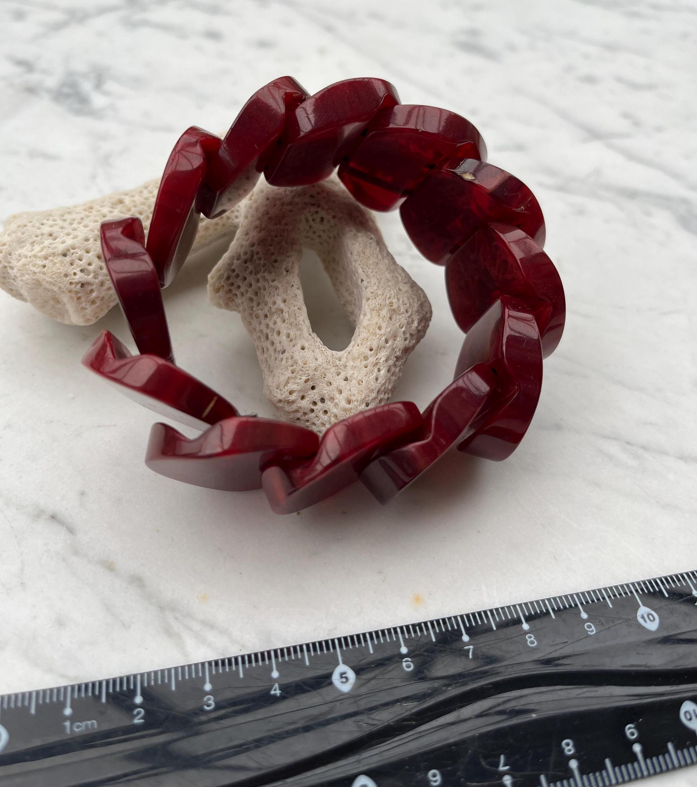 Bracelet Vintage Art Déco En Laque Rouge Et Galalithe - Très Bon état Occasion
