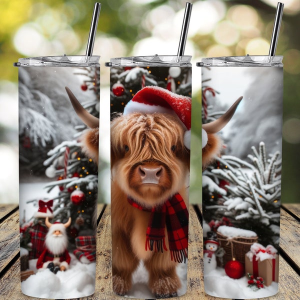 Highland Cow Christmas Tumbler Wrap 20oz Skinny Tumbler Sublimation Design Christmas Baby Highland Cow Tumbler PNG Instant Digital Download