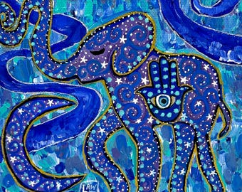 Blue Monochromatic Elephant painting Hamsa Hand: 6x6x2 inch gouache on Canvas Art, celestial animal wall art, mini original painting.