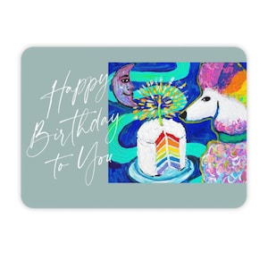 Poodle Birthday Card, 5x7 folded card with envelope, Celestial rainbow poodle with cake birthday card.