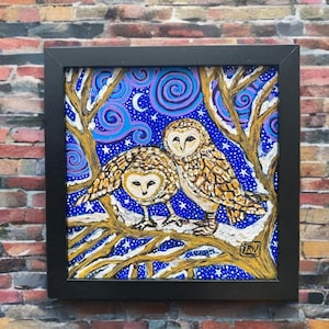 Woodland Decor Original Owl Painting: Whimsical Snowy Branch Gouache Art (8x8 inch)