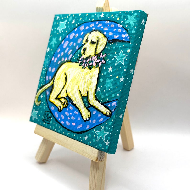 Golden Labrador Retriever with Moon Painting 4x4 inch canvas, dog mom gift, original painting, mini painting. image 3