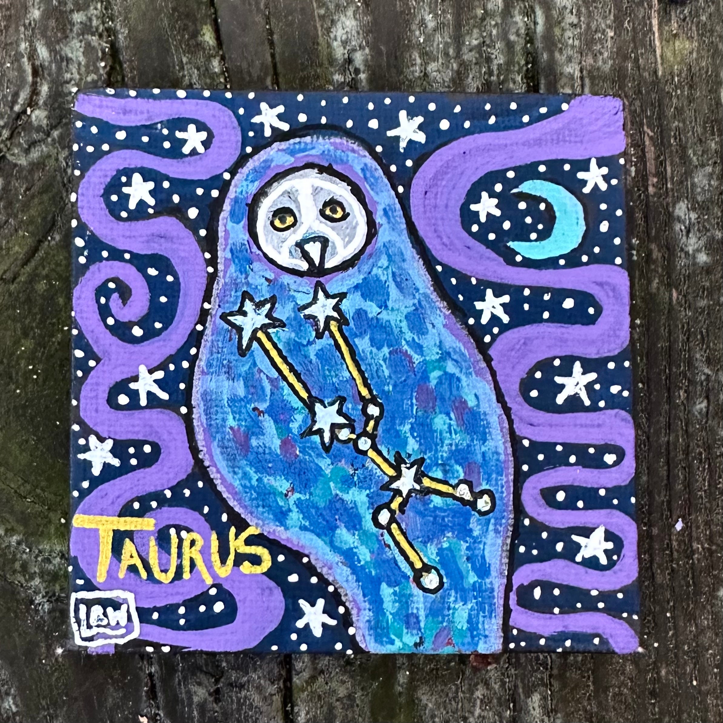 Taurus Astrology Owl 3x3 inch painting on canvas