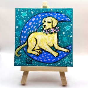 Golden Labrador Retriever with Moon Painting 4x4 inch canvas, dog mom gift, original painting, mini painting. image 4