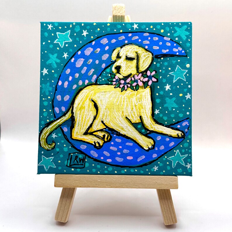 Golden Labrador Retriever with Moon Painting 4x4 inch canvas, dog mom gift, original painting, mini painting. image 4