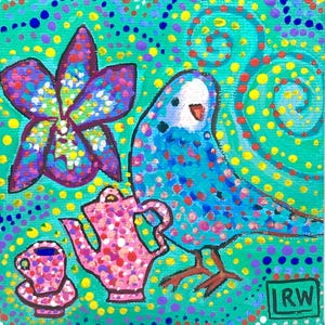 May include: A blue and white bird with a pink teapot and a pink teacup on a green background with colourful dots and swirls. The bird has a white beak and a white chest. The teapot has a pink handle and a pink spout. The teacup has a pink saucer. The background is a bright green with colourful dots and swirls. The image is signed "IRW" in the bottom right corner.