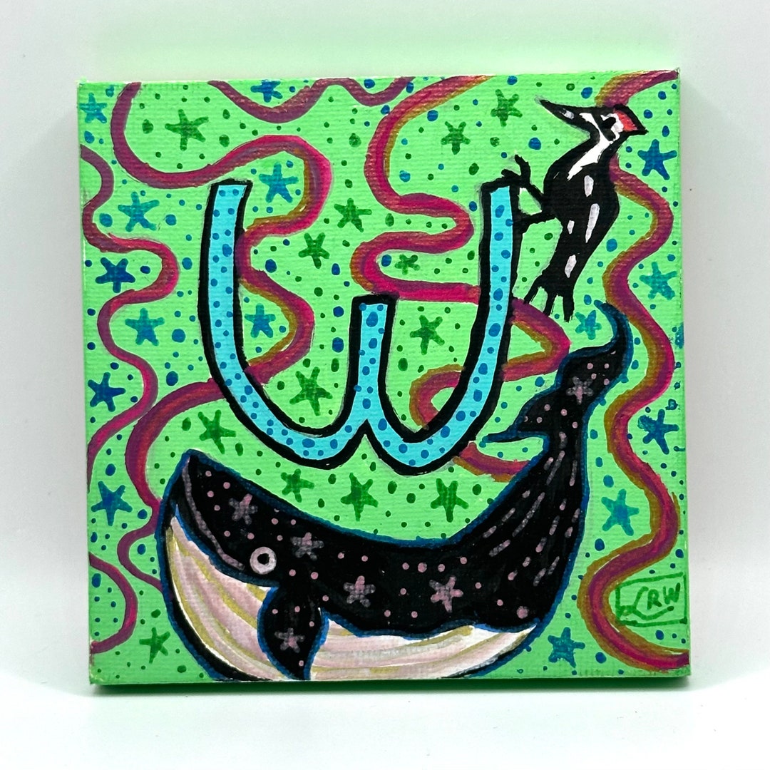 Whale Painting, 4x4 Inch Canvas, W Letter Art, Mini Painting. - Etsy