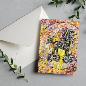 Celestial Black Poodle Card, 5x7 folded card with envelope, Blank on inside for your message, poodle greeting cards, Poodle Hair Don’t Care.
