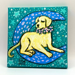 Golden Labrador Retriever with Moon Painting 4x4 inch canvas, dog mom gift, original painting, mini painting. image 2