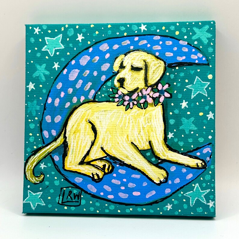 Golden Labrador Retriever with Moon Painting 4x4 inch canvas, dog mom gift, original painting, mini painting. image 2