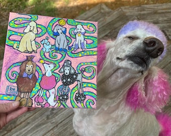 Colorful Poodle Painting: Whimsical Gouache Art on Canvas (8x8 inch)