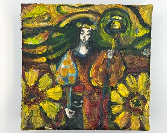 Queen of Wands, oil painting, 4x4x1.5 inches, canvas