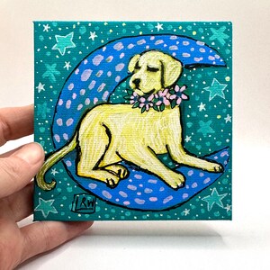 Golden Labrador Retriever with Moon Painting 4x4 inch canvas, dog mom gift, original painting, mini painting. image 1