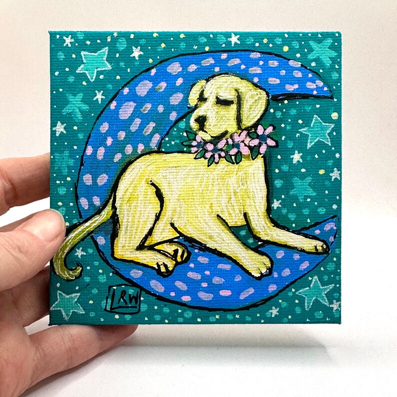 Golden Labrador Retriever with Moon Painting 4x4 inch canvas, dog mom gift, original painting, mini painting. image 1