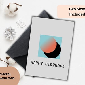 Cartão de aniversário para impressão, cartão digital, cartão com eclipse moderno de meados do século, cartão de aniversário retrô, download instantâneo, PDF e JPEG 5x7 4x6