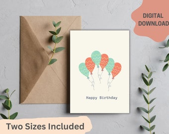 Printable Birthday Card, Digital Card, Card with Balloons, Retro Birthday Card, Instant Download, PDF and JPEG 5x7 4x6