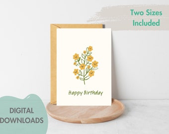 Printable Birthday Card, Digital Card with Sunflower Blooms Design, Retro Birthday Card, Instant Download, PDF and JPEG 5x7 4x6