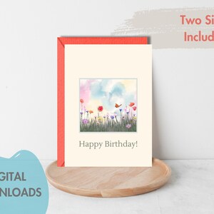 Cartão de aniversário para impressão, cartão digital com design de campos de flores, cartão de aniversário retrô, download instantâneo, PDF e JPEG 5x7 4x6