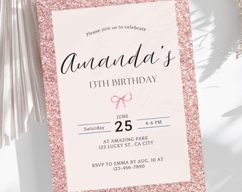 13th Birthday Invitation Girl Glitter 13th Birthday Party Tween party invitation, 10th Birthday Editable Template Digital download Invite
