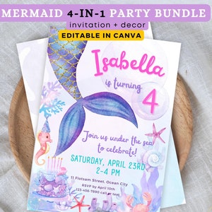 Editable Mermaid Birthday Invitation, Mermaid Invite, Under the Sea Birthday Party, Printable template, Instant Download, Party BUNDLE