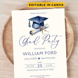Invitación de graduación, plantilla de invitación para fiesta de graduación, invitación para fiesta de graduación para chicos de la generación de 2025, minimalista editable