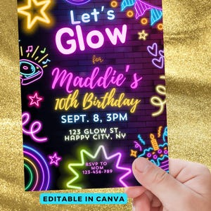 Neon 10th Birthday Invitation Girl Editable, Neon Glow Birthday Invitation, 13th Birthday Party, Glow Party Invite Template Digital Download