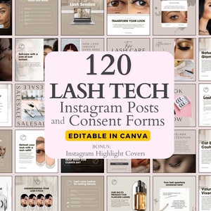 120 Sleek Lash Tech Instagram Post Templates | Lash Quotes | Lash Posts | Lash Tech Branding | Canva Templates, EDITABLE