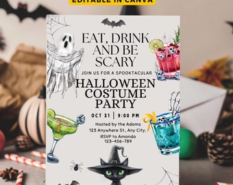 Invito per cocktail party di Halloween, invito a "Boos and Booze", invito modificabile per la festa di Halloween, modello di invito per adulti di Halloween, 2024