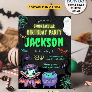 May include: A Halloween-themed invitation with a black background, featuring a cartoon vampire, cauldron, and spiderwebs. The invitation reads "Spooktacular Birthday Party" for Jackson, who is turning 3. Includes event details and a call to wear costumes.
