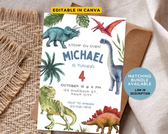 Plantilla editable de invitación de cumpleaños de dinosaurio, invitación de 3er cumpleaños, invitación de cumpleaños de dinosaurio, topper de pastel de dinosaurio, invitación 3rex