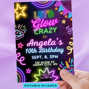 10th Birthday Invitation Girl Editable, Neon Glow Birthday Invitation, 13th Birthday Party, Glow Party Invite Template Digital Download