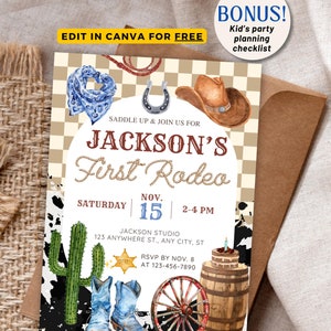 First Rodeo Birthday Invitation, Rodeo 1st Birthday Invite, Cowboy Western Birthday Invitation, Cowboy Baby, Editable Party Favor Templates