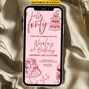 40th Birthday Invite, Hello Forty Minimalist 40th Birthday Party Digital e-Invite, Women's, Modern Birthday, 30th, 50th, 60th, Template