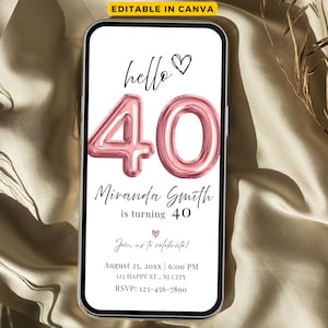 40th Birthday Invite, Hello Forty Minimalist 40th Birthday Party Digital e-Invite, Women's, Modern Birthday, 30th, 50th, 60th, Template