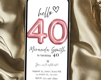40th Birthday Invite, Hello Forty Minimalist 40th Birthday Party Digital e-Invite, Women's, Modern Birthday, 30th, 50th, 60th, Template