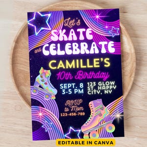 Roller Skate Birthday Party Invitation, 10th Birthday Invitation, 13th Birthday Invitation, Neon Editable Party Invite, Rainbow, Any Age