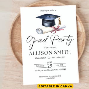 Invitación a fiesta de graduación, plantilla editable, anuncio de graduación, descarga de invitación a fiesta de graduación, promoción de 2025