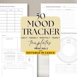 Afdrukbare kit Mood Tracker, maandelijks stemmingslogboek, circulaire stemmingskaart, Mood Track Bullet Journal, dagelijkse Mood Tracker, bewerkbaar in Canva