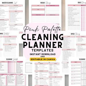 Puede incluir: Un conjunto de plantillas de planificador de limpieza en rosa y blanco. Las plantillas incluyen listas de verificación, horarios y listas para diversas tareas de limpieza. El texto "Pink Palette Cleaning Planner Templates" se muestra de forma destacada.